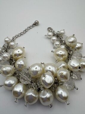Statement Faux Pearl & Crystal Cluster Bracelet Silver Tone Bridal Wedding